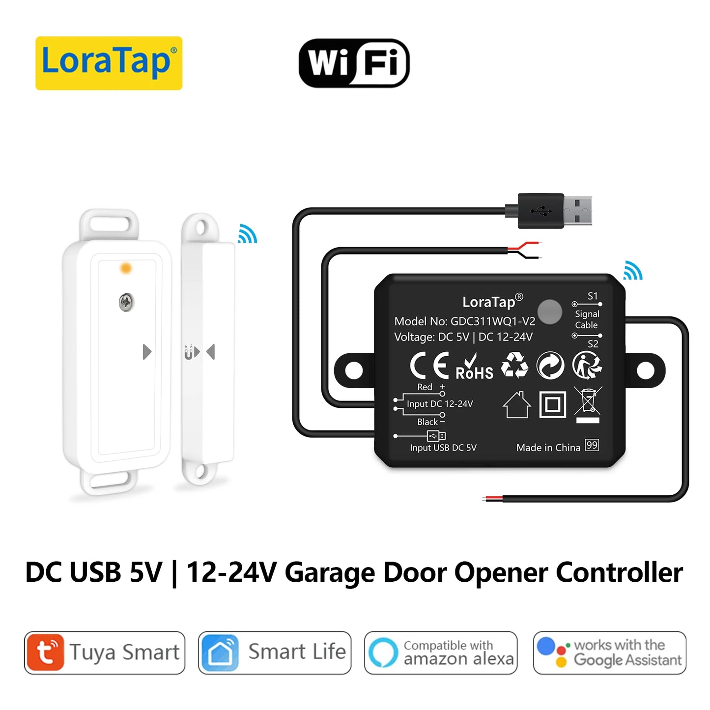 LoraTap Tuya Smart Life Garage Door Sensors Opener Controller WiFi Switch Alexa Opening Home Remote Control Contact Voice