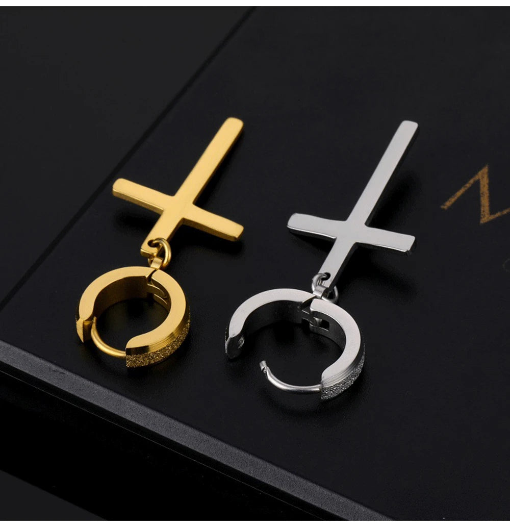 Punk Stainless Steel Frosting Hoop Earrings Design Women Men Pierced Cross Ear Jewelry Accessories Party Dangle Earring