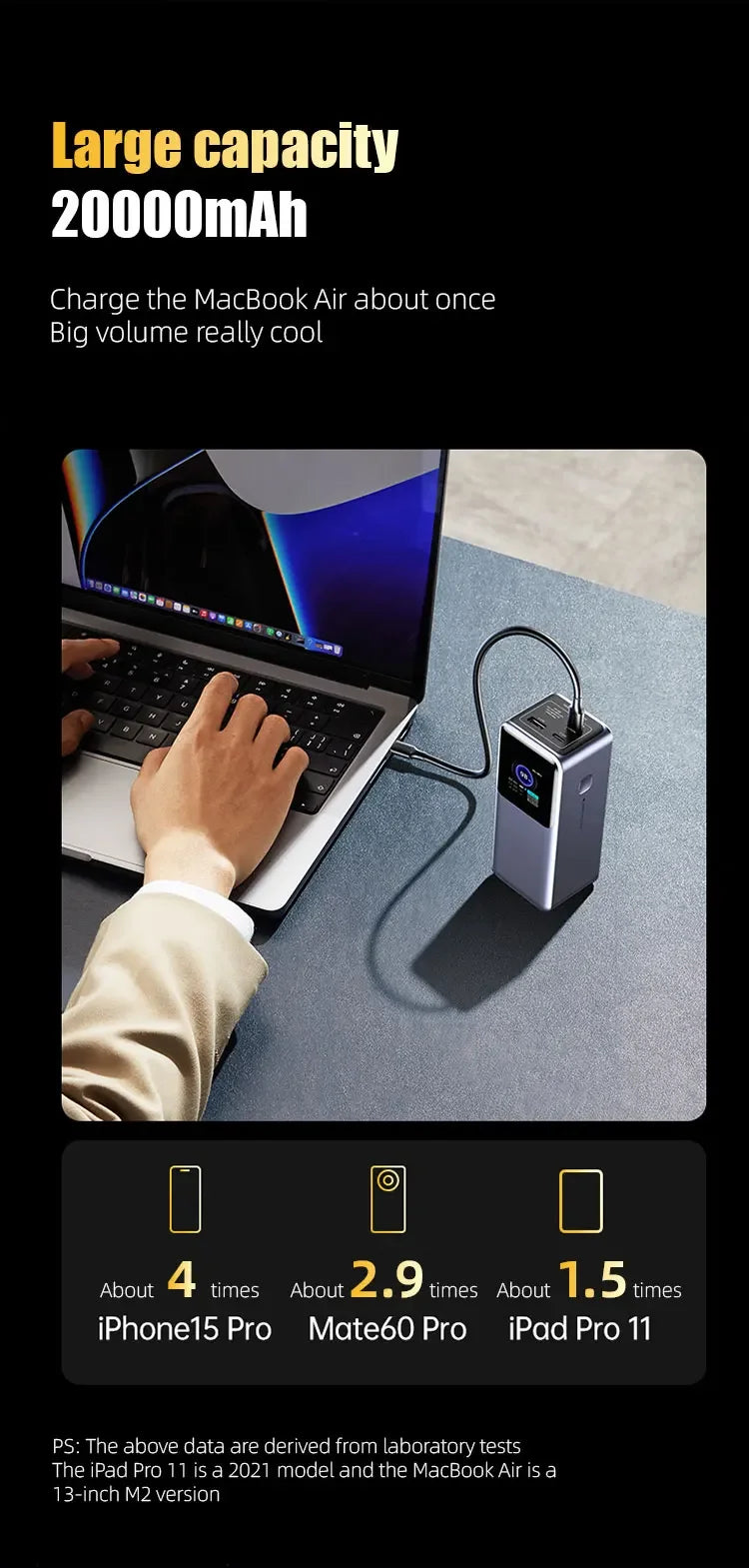 200W PD3.1 Power Bank 25000mAh with TFT Color Screen, 100W Fast Charging for Laptop and Phone, Portable Power Bank