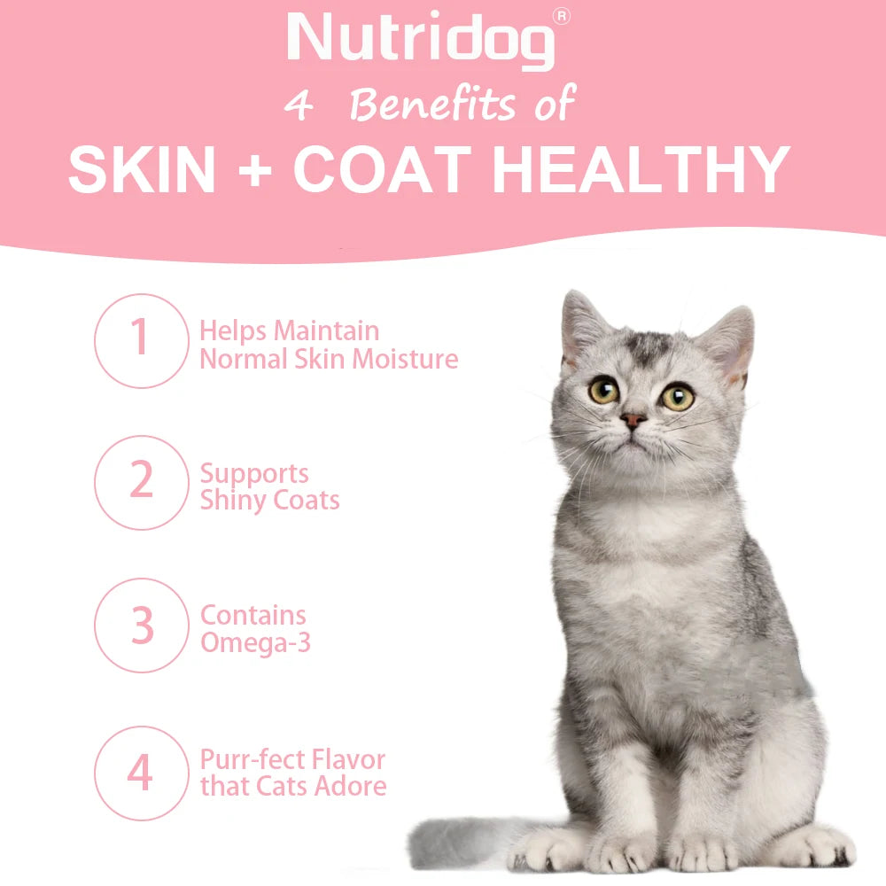 Skin & Coat Cat Chews - Omega 3, Vitamin E, Biotin Supplements for Healthy Skin, Glossy Coat & Anti - Shedding, Salmon Flavor