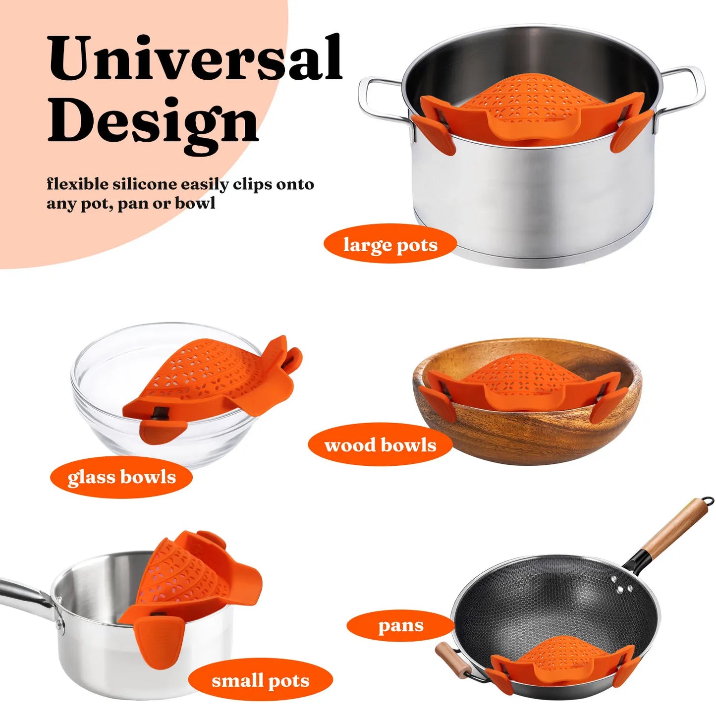 Universal Silicone Clip on Pan Pot Strainer Anti Spill Pasta Pot Strainer Food Grade Fruit Colander for Pasta Fruit Vegetable