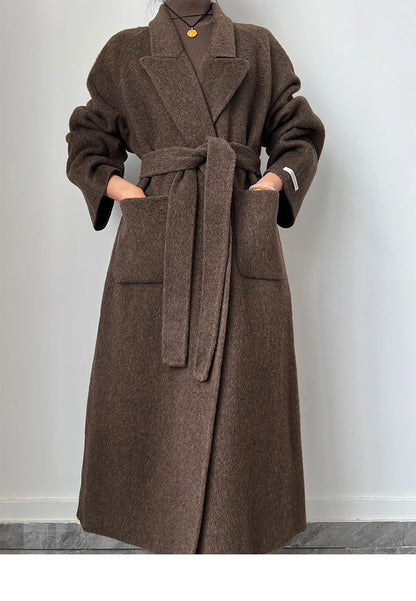 Office Lady Woolen Jackets 2024 Autumn And Winter Bathrobe Style Pocket Double-Sided Loose Lace -Up Tie Women's Long Wool Coats