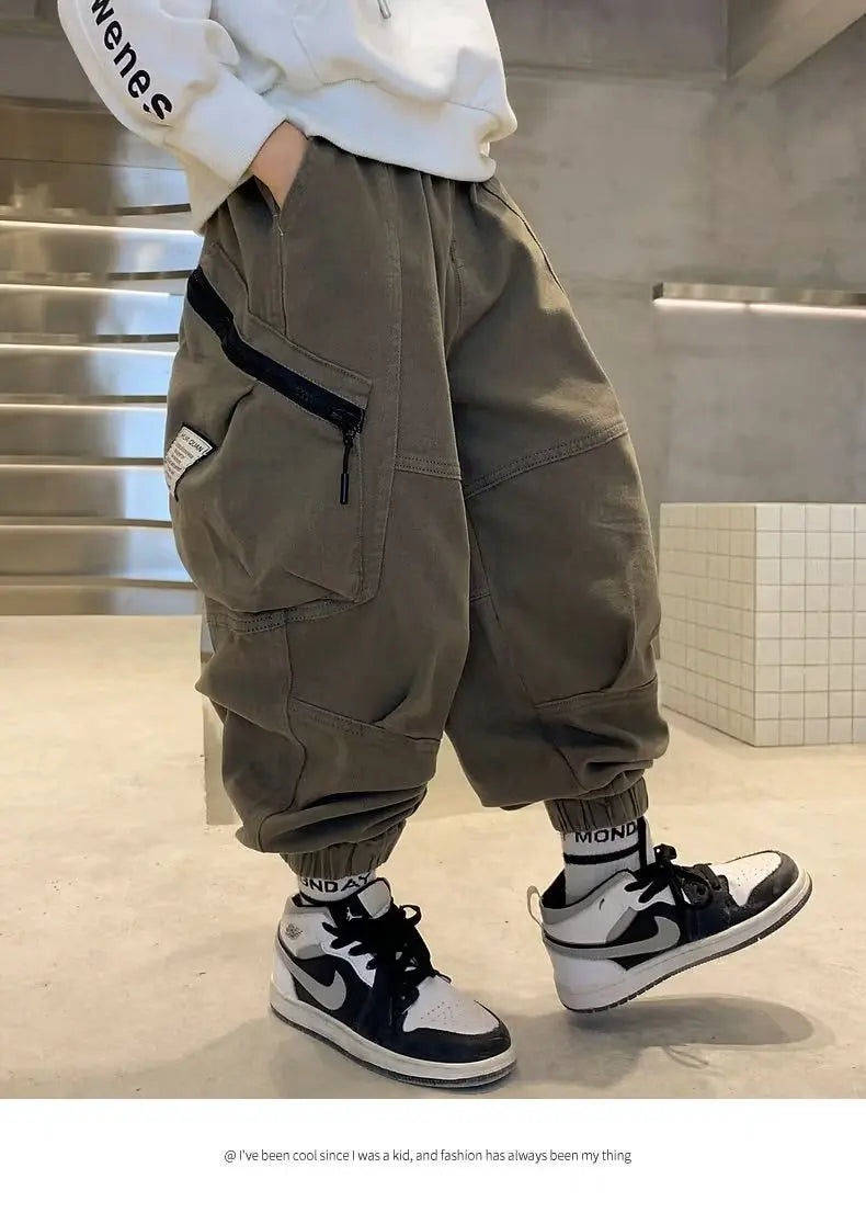 Boys Spring Autumn Children's Clothing Cargo Pants Children's Casual Large Size Sweatpants Boys Fashion Fake Zippers Cargo Pants