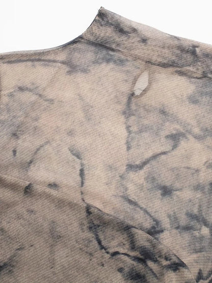 Tangada 2024 Women Print Pleated Mesh Dress Long Sleeve Sexy Famle Stand Collar Maxi Dresses 3H406