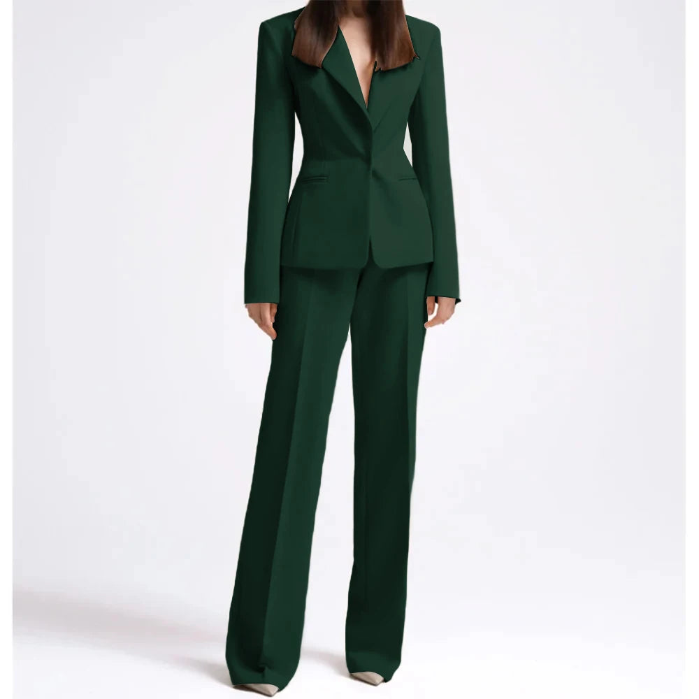 Office Lady Fashion Beige Women Suits One Button Peak Lapel 2 Piece Jacket Pants Slim Fit Smart Causal Conjuntos De Pantalones