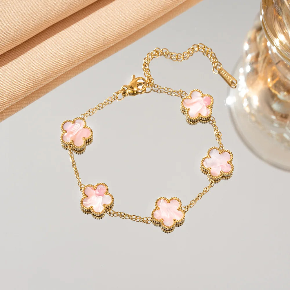 Double Sided Five-Leaf Flower Bracelet For Women Adjustable 18k Plated Gold Stainless Steel Five Point Star Clover Party Jewelry