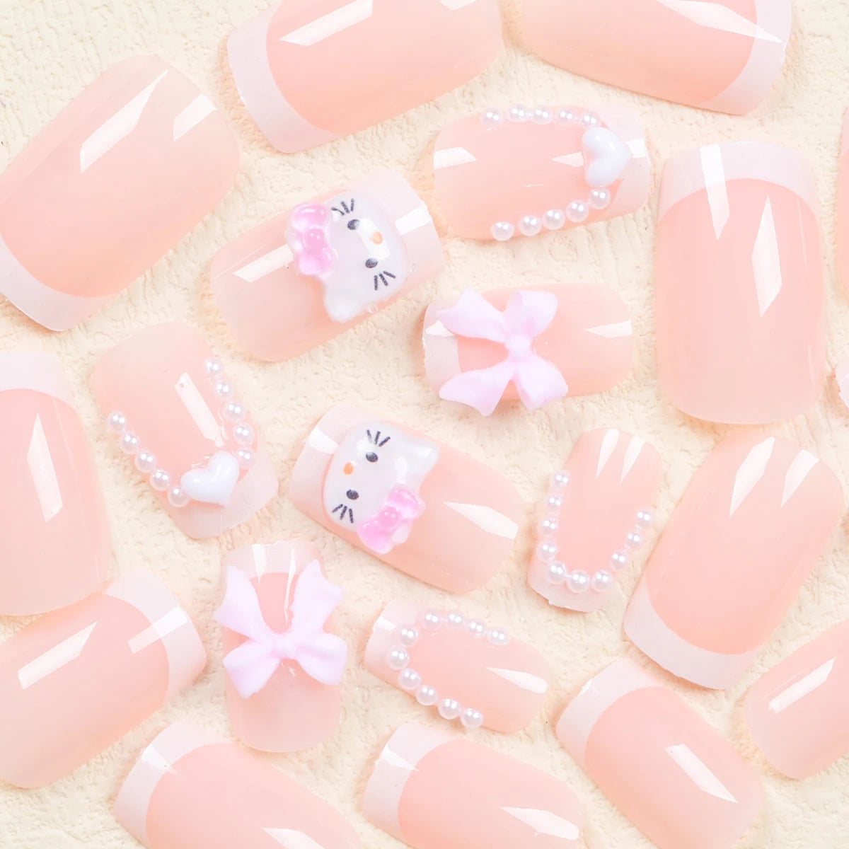24 Medium Square Nail Pink French Cute Cartoon Cat White Love Camellia Nail Patch Jelly Powder Bow Wear Nail Set
