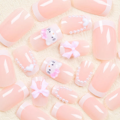 24 Medium Square Nail Pink French Cute Cartoon Cat White Love Camellia Nail Patch Jelly Powder Bow Wear Nail Set