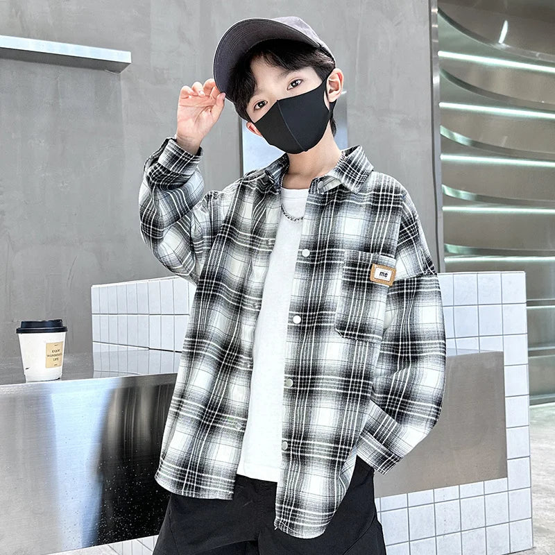 Baby Boys Shirts Fashion Classical Black White Color Plaid Blouse Gentlemen's Long Sleeve Shirt Teen Kids Tops Boys Clothes 5-14