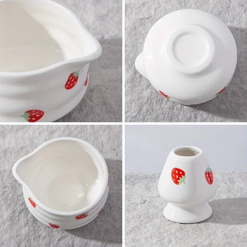 1/3/4/5pcs cute strawberry mouth matcha bowl and matcha whisk set, Japanese fresh matcha tool set and matcha bowl