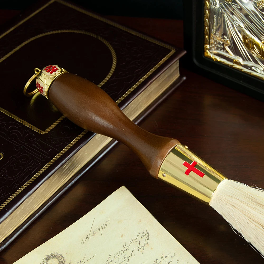 Religious Mass Ritual Supplies Alloy Craved Metal Gold-plating Church Sprinkler With Artificial Wool Church Ornament