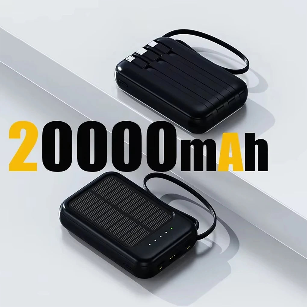20000mAh High Capacity Solar Power Bank Built 4 Cables Fast Charger 2 USB Ports Portable External Powerbank LED Light Powerbank