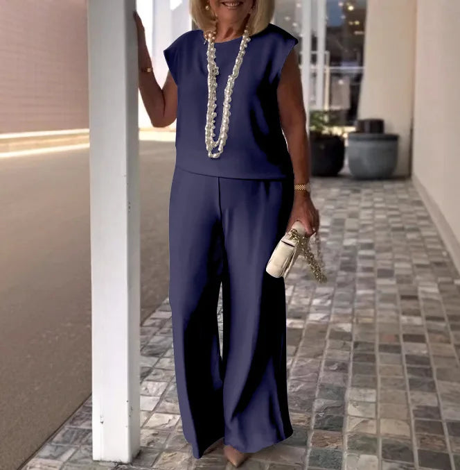 Elegant Women 2-piece Office Set 2025 Group Of Pant Outfit Ladies Temperament Sleeveless O-Neck Blouse Tops&Wide Leg Pants Suit