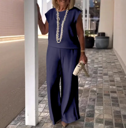 Elegant Women 2-piece Office Set 2025 Group Of Pant Outfit Ladies Temperament Sleeveless O-Neck Blouse Tops&Wide Leg Pants Suit