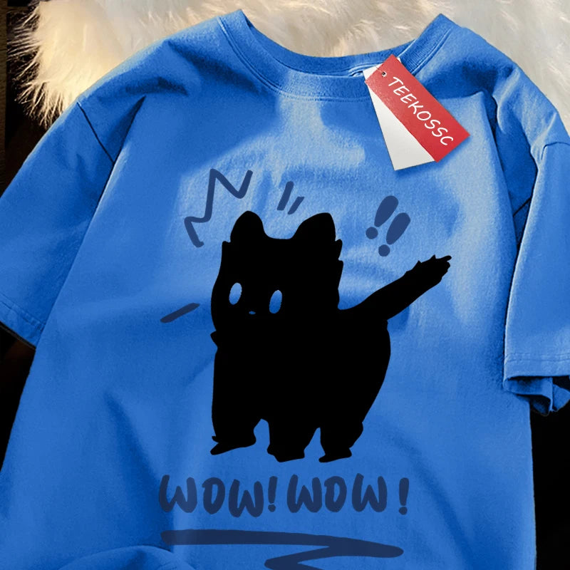 Wow Wow Fun Black Cat Print Japanese Style Men Women Top Fashion T Shirt Cotton Loose T-Shirt Casual O-Neck Clothes Oversize Top