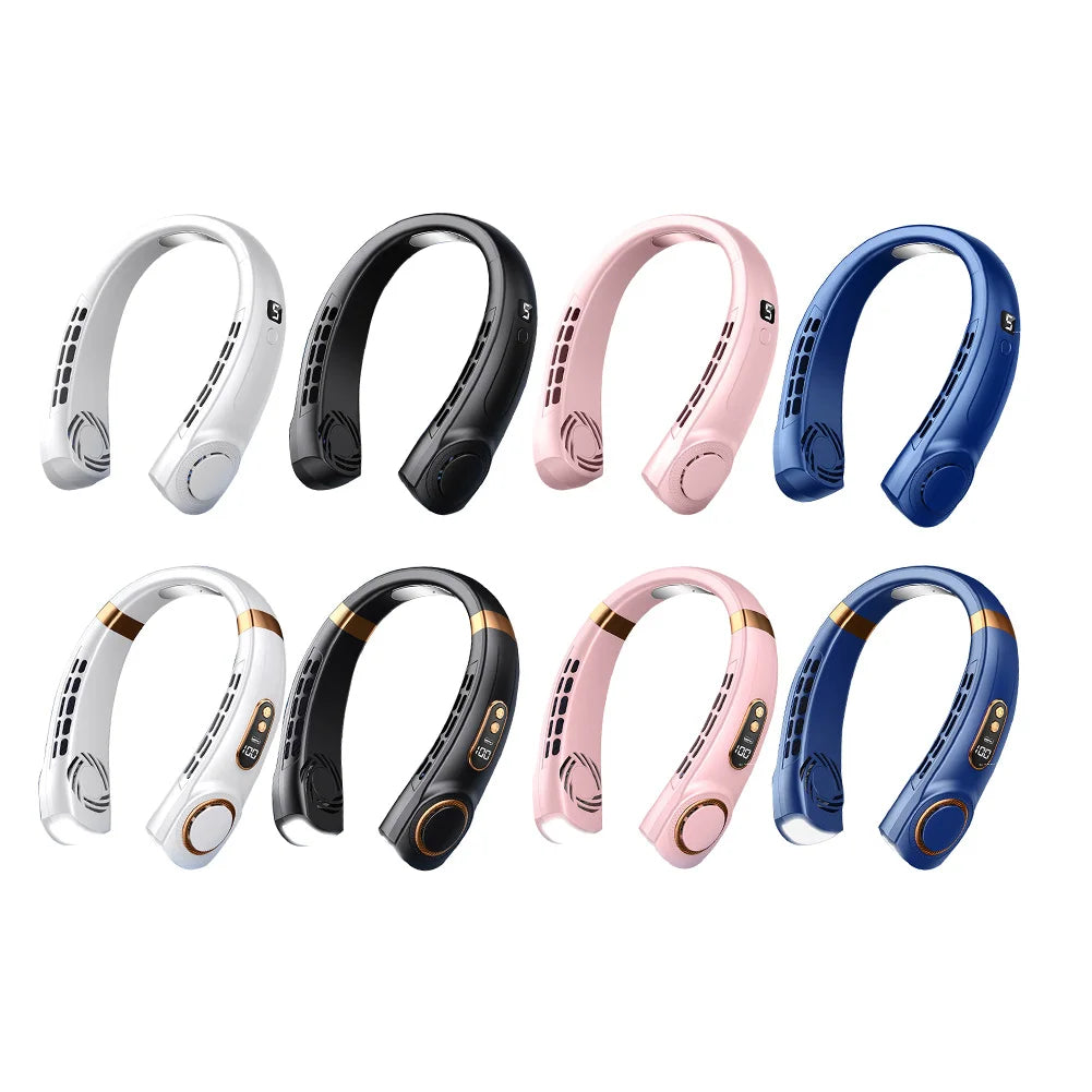 Portable Neck Fan LED Digital Display Hanging Neck Fan Leafless Air Cooler Mute USB Rechargeable Cooler with Atmosphere Light