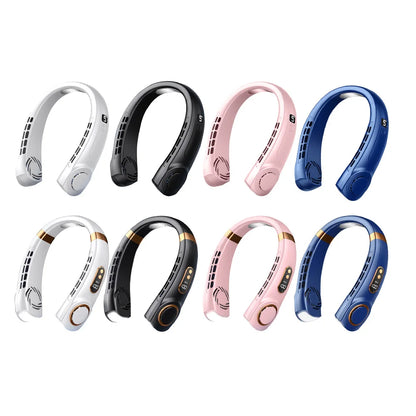 Portable Neck Fan LED Digital Display Hanging Neck Fan Leafless Air Cooler Mute USB Rechargeable Cooler with Atmosphere Light