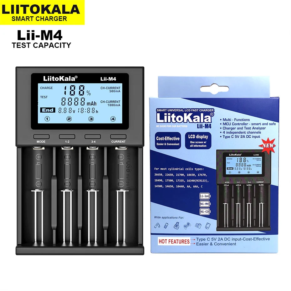 LiitoKala Lii-M4 Lii-CH4 18650 Charger LCD Display Universal Smart Charger Test Capacity 26650 18650 21700 AA AAA Battery 4slot