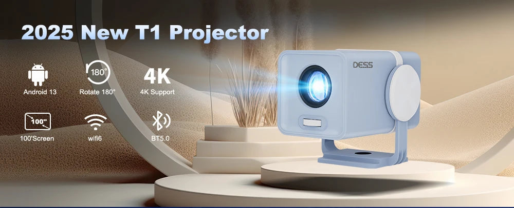 DESS Portable Dual-Band WiFi6 Bluetooth 5.0 Android 13 Smart Projector Suitable for Home Theater Video Power Bank Power Supply