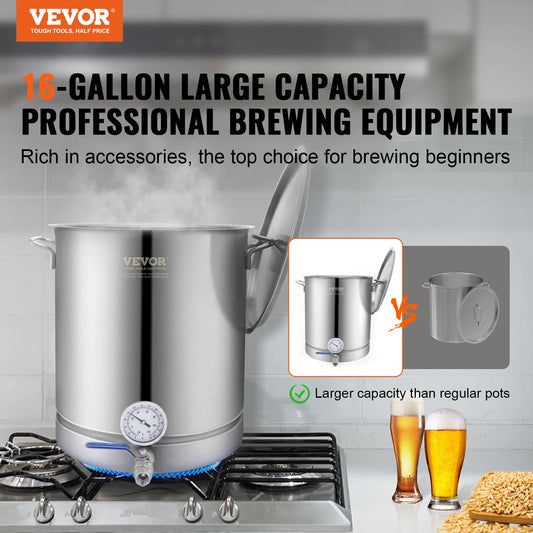 VEVOR Stainless Steel Kettle 16 GALLON Brewing Pot Tri Ply Bottom for Beer Brew Kettle Pot Home Brewing Supplies Includes Lid