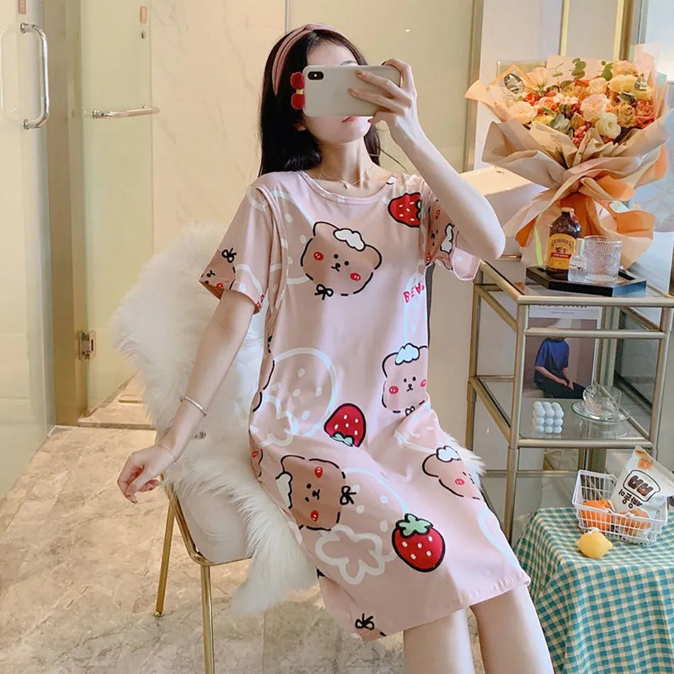 Maternity Clothings Nursing Dresses Breastfeeding Sleepwear Pattern Printing Cheerful and Lively Girl Feeling for Pregnant Women