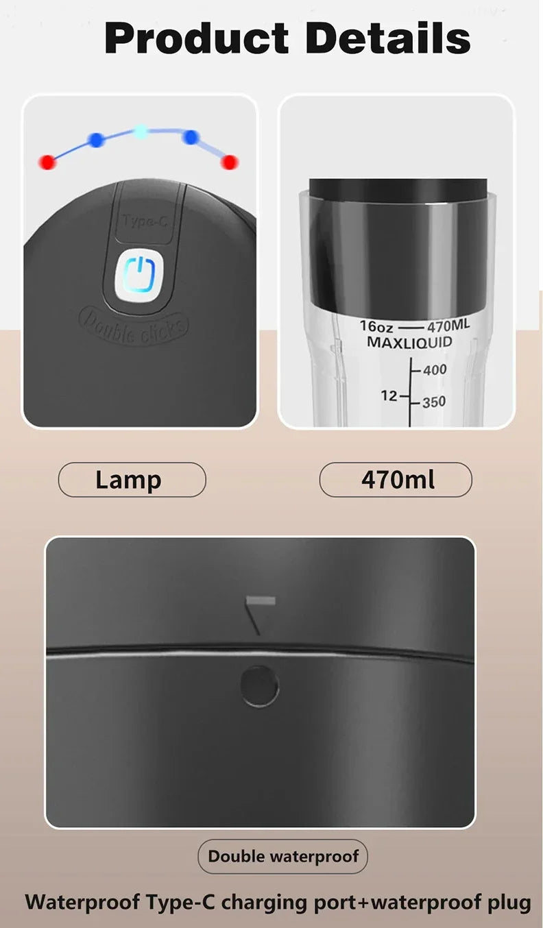 Portable Fruit Juicer 6 sharp Blades Rechargeable Personal Multifunctional Handheld Mini Blender Cup for Shakes and Smoothies