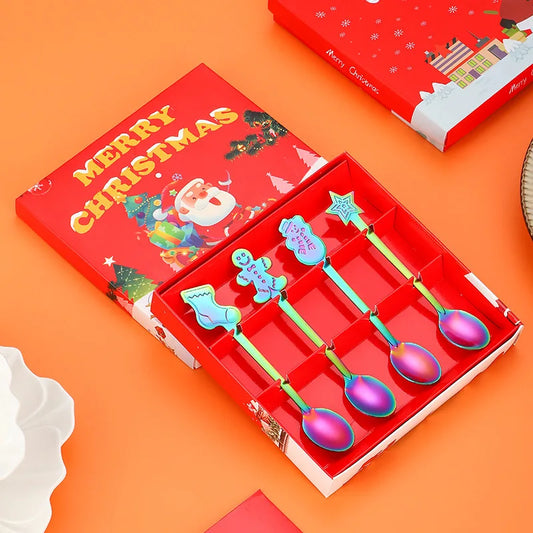Christmas Cutlery 4Pcs Gift Set Creative Coffee Spoon Dessert Spoon Mixing Spoon Christmas Spoon Gift Box