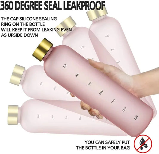 1L Water Bottle with Time Marker 32 OZ Fitness Sports Outdoor Travel Portable Leakproof Drinkware BPA Free Frosted Drink Bottles