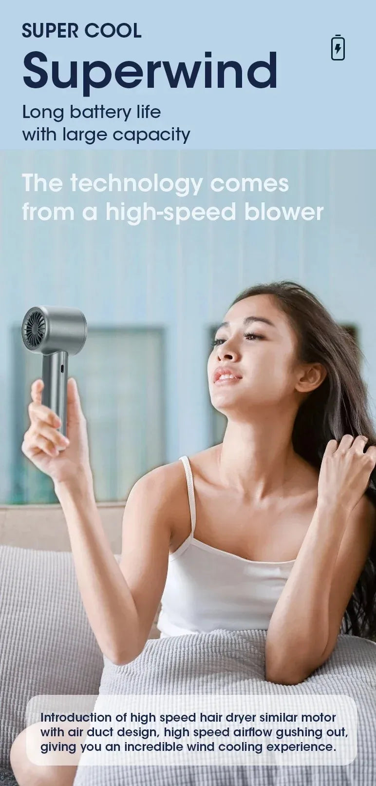 Mute Handheld Fan Mini Personal Highspeed Fan Portable Electric Fan USB Rechargeable 120 Gear Handheld Fan With Power Display