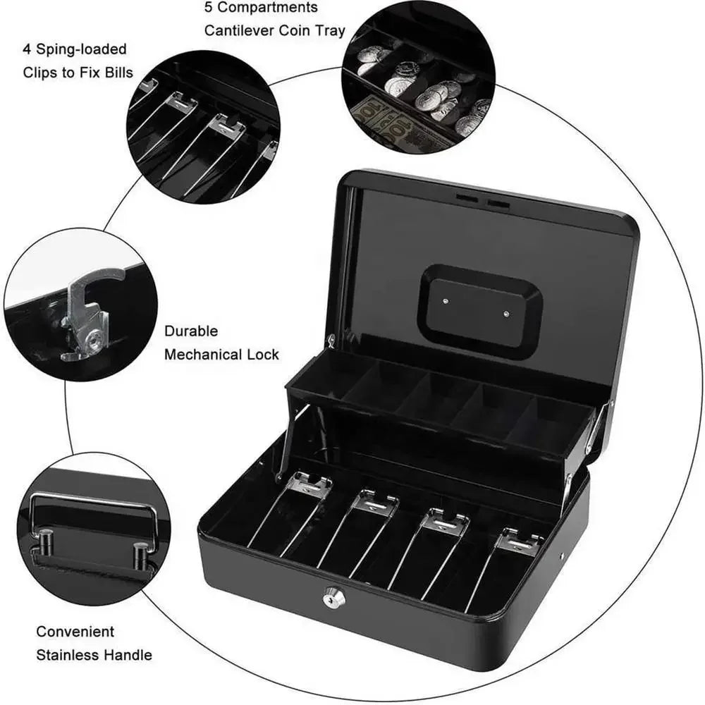 Money Box For Cash Saving Locking Cash Box With Money Tray Metal Money Saving Organizer 4 Bill/5 Coin Slots Cash Register Drawer