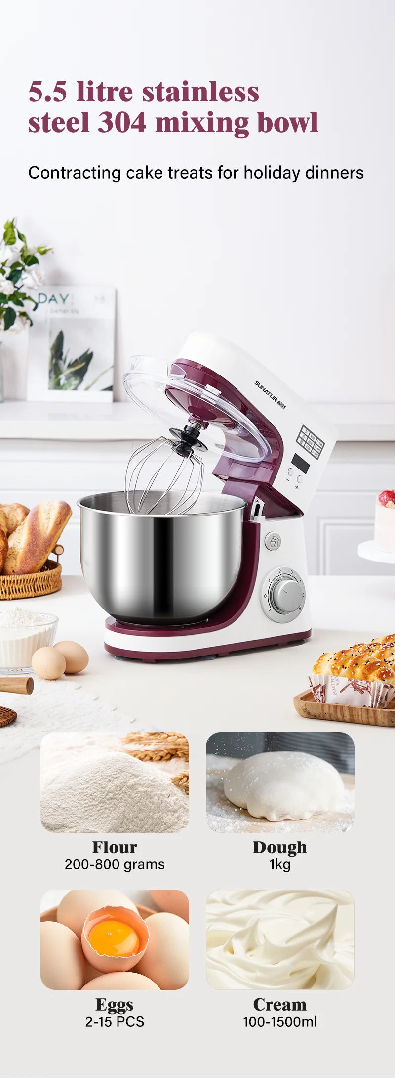SUNATUR Electric Kitchen Blender Machine: Stand Mixer with Planetary Beater, Supports Dough Mixing,Processor for Home Appliances