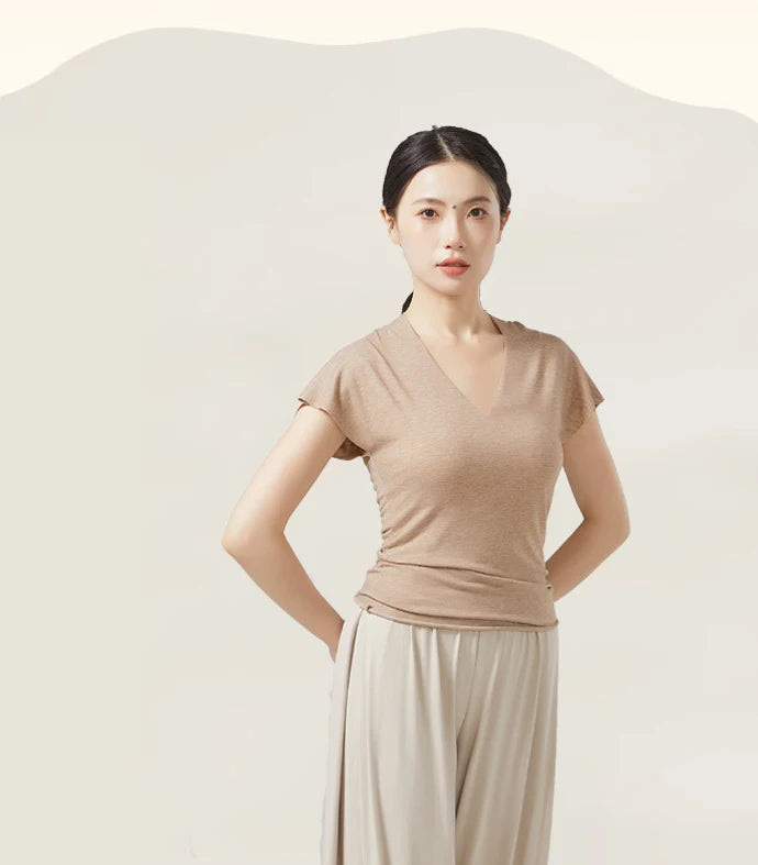 Modern Dance Clothes Women  V-Neck Seamless Short Sleeve T-Shirt Elegant Stage Costume Basic Training Tops Casual Summer Blouse