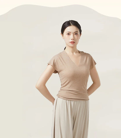 Modern Dance Clothes Women  V-Neck Seamless Short Sleeve T-Shirt Elegant Stage Costume Basic Training Tops Casual Summer Blouse