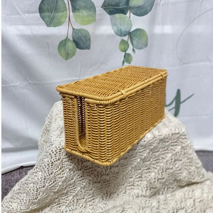 Handwoven Cable Management Box with Lid Hide Power Strip and Router Imitation Rattan Box 2 Open Slots Cord Organizer Hider Box