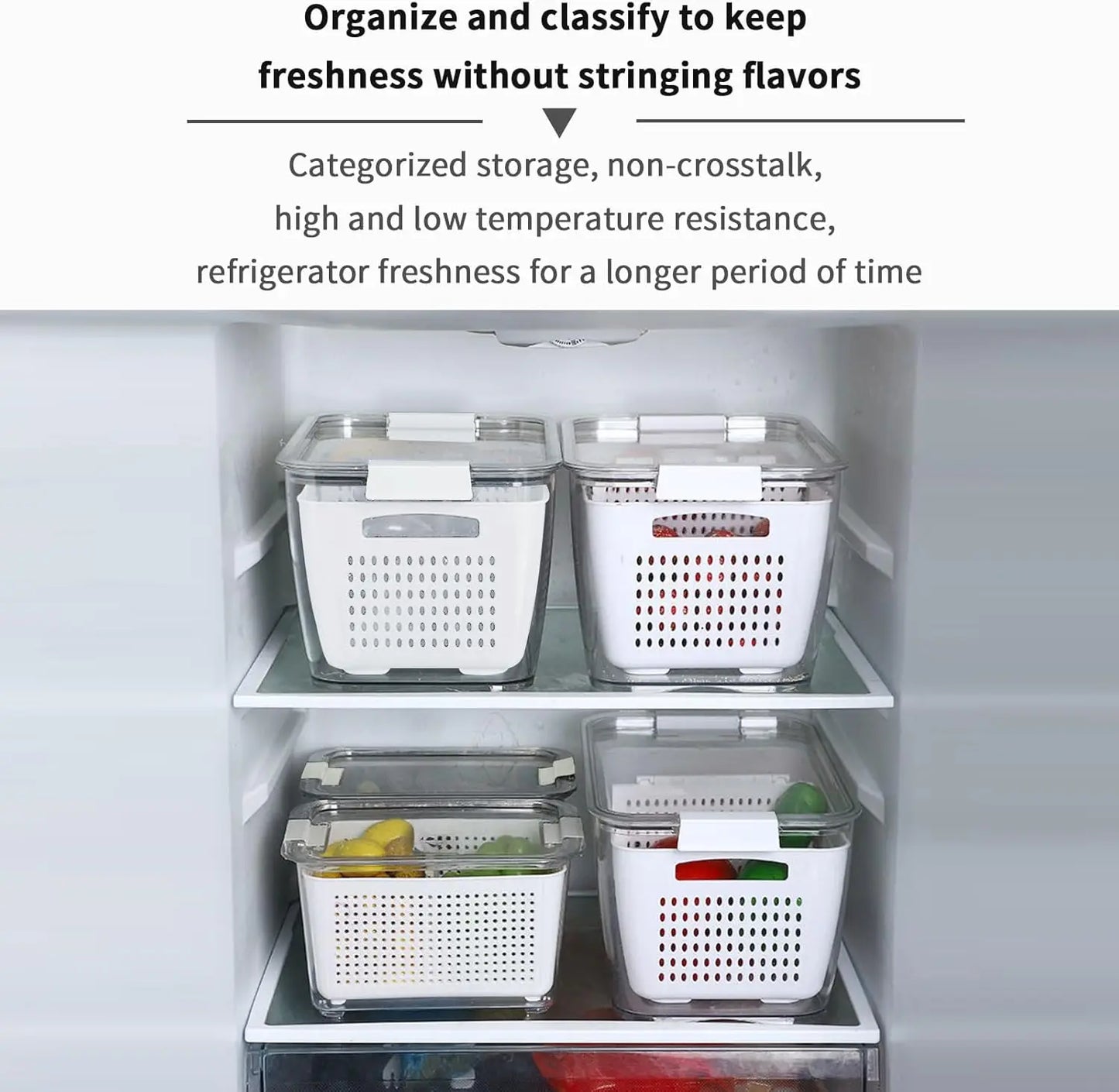Fridge Food Storage Container Set with Lids with Strainer,Plastic Fresh Produce Saver Vegetable Fruit Meat Organizer