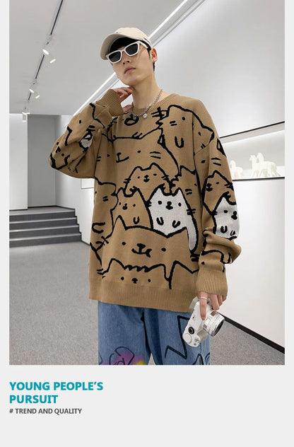 Autumn Cotton Anime Sweaters Men Retro Harajuku Vintage Oversized Sweaters Loose Cute Cartoon Cat Pullovers Homme Men Clothing