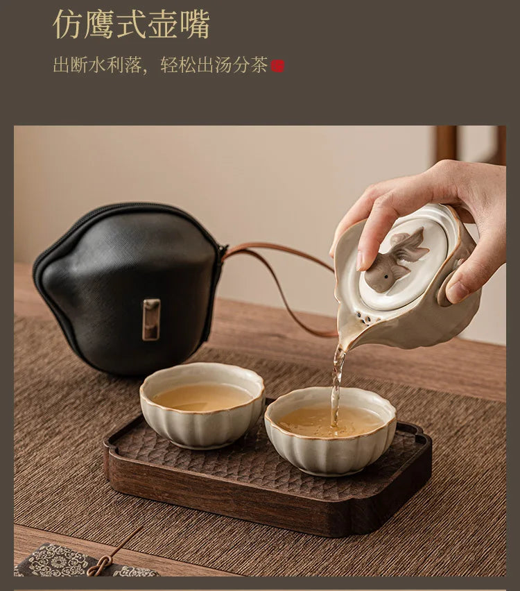 Beige Ru Ware Travel Tea Set Portable Outdoor One Pot Two Cups Porcelain Brewing Equipment Suit