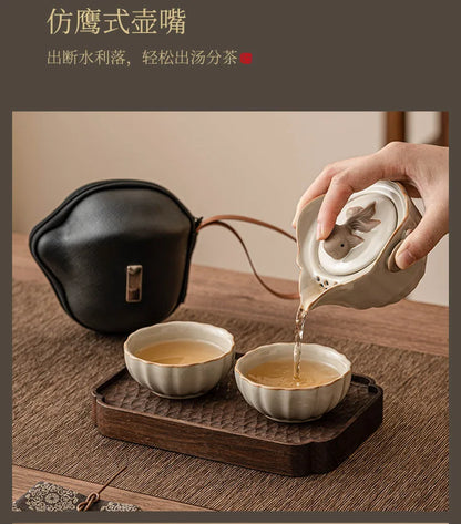 Beige Ru Ware Travel Tea Set Portable Outdoor One Pot Two Cups Porcelain Brewing Equipment Suit