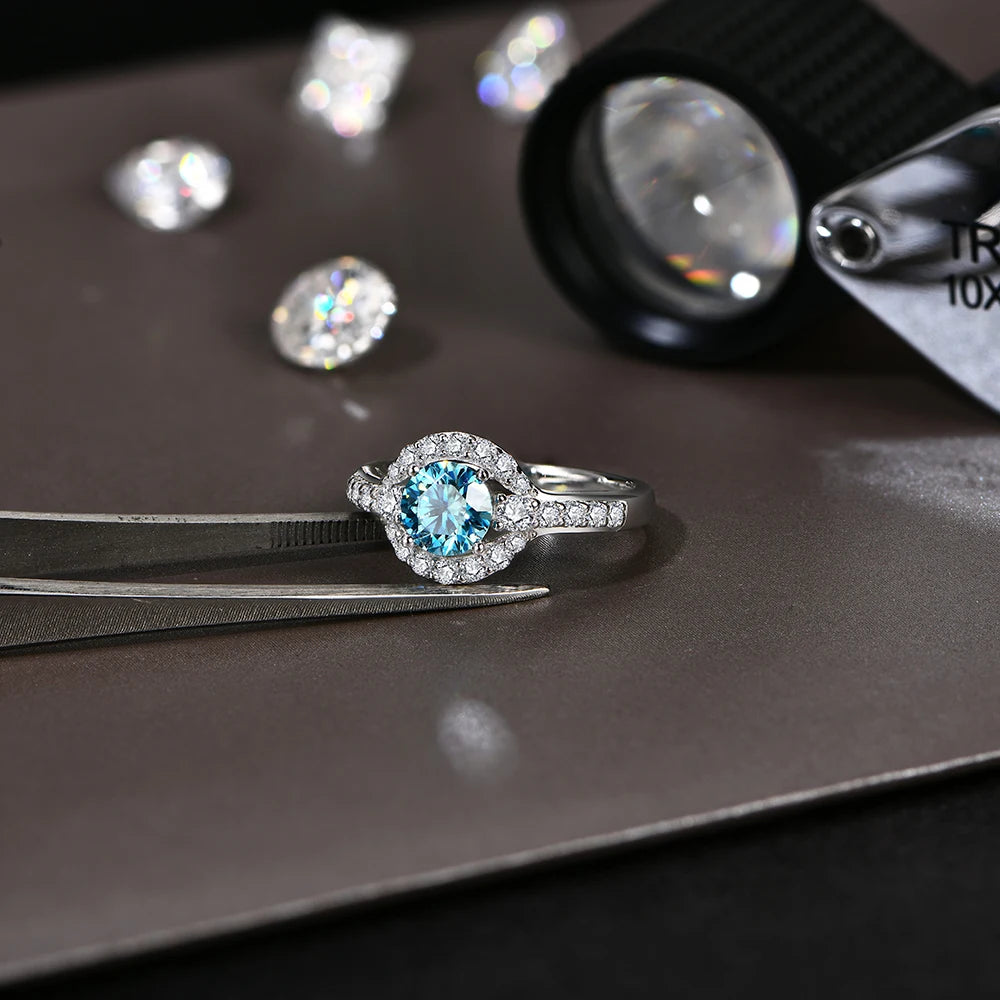 MINTYBOX 1.0ct Color Blue Moissanite Ring S925 Silver D VVS1 Lab Grown Diamond Halo Engagement Rings For Women Wedding Jewelry