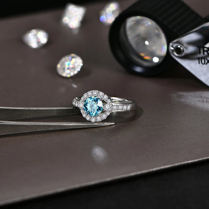 MINTYBOX 1.0ct Color Blue Moissanite Ring S925 Silver D VVS1 Lab Grown Diamond Halo Engagement Rings For Women Wedding Jewelry