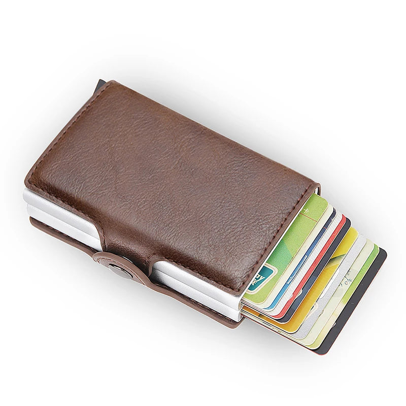 RFID Blocking Men Wallet Credit Card Holder Leather Card Wallet Double Metal Box ID Card Holder Money Clip Purse New 2023