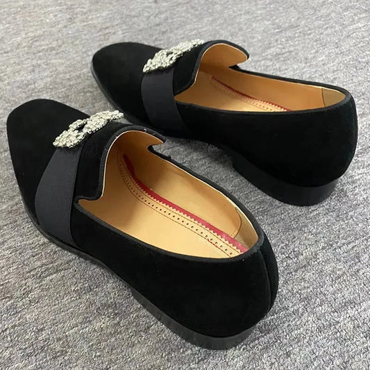 Silver Rhinestone Shoes Man Pointed Toe Black Real Suede Flats Male Fashion Wedding Shoes