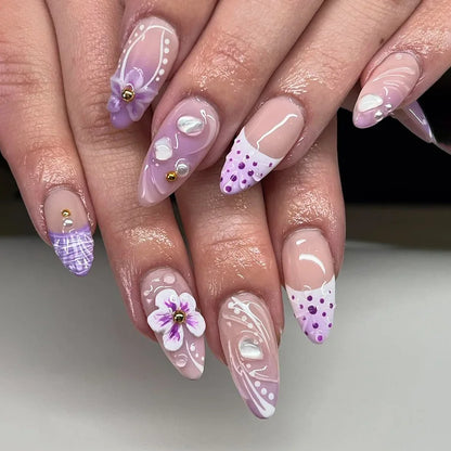 24Pcs Gradual Brown French Press on Nails 3D Mid-length Flowers Full Cover Almond Purple Nails with Colored Drawing Design Nail