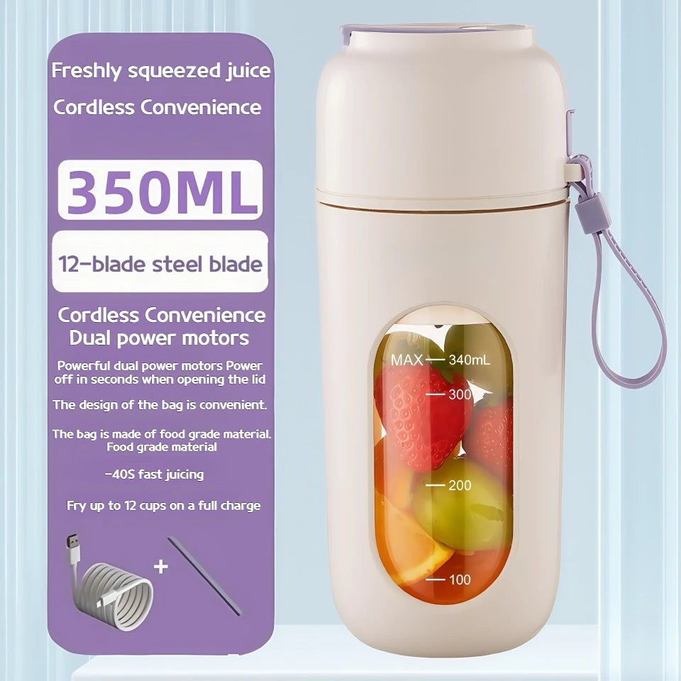 Portable Electric Blender Cup for Smoothies, Shaved Ice, and Juices - 12-Blade Stainless Steel with Wireless Charging Function