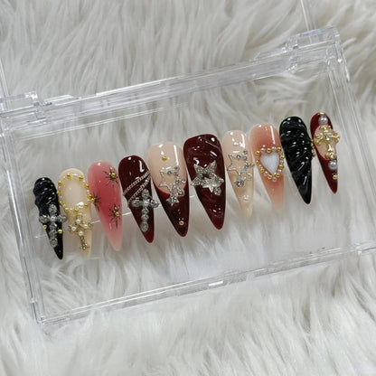 10PCS Handmade Manicure Press-On Nails French Style Medium Almond Shape with Blue Bow Design Includes Adhesive And Nail File Set