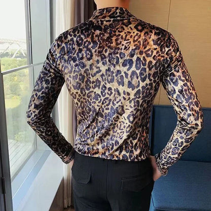 Mens T-shirt Long Sleeve Leopard Print Stretch Skinny Gym Shirt High Neck Base Shirt for Men