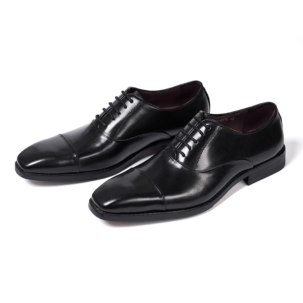 Men's Classic Lace-Up Oxfords Genuine Leather Luxury Office Shoes Solid Cap Toe Wedding Party Formal Dress Footwear for Men