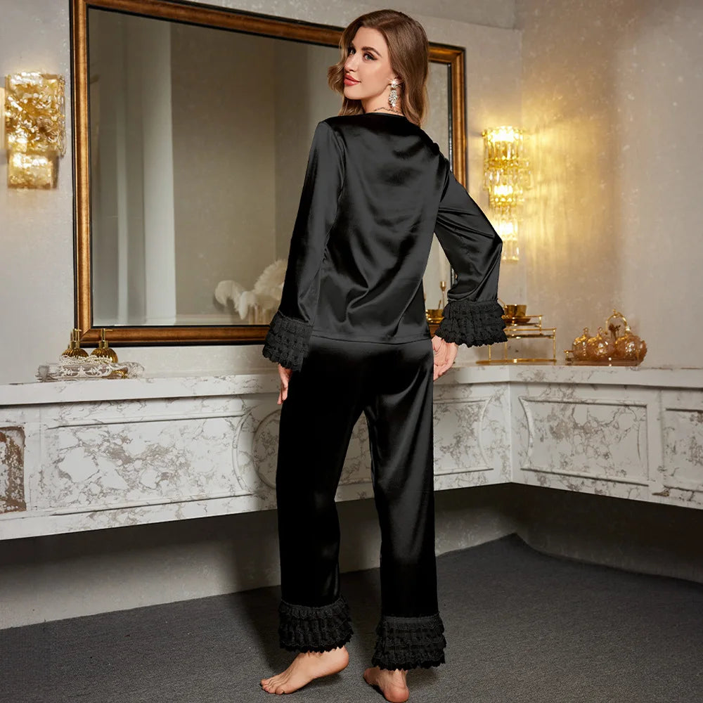 Womens Silk Satin Pajamas Sleepwear Women's Lace Cuff Loungewear Suit Female Sleep Two Piece Set