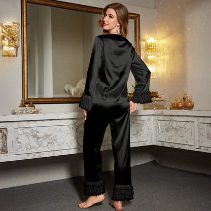 Womens Silk Satin Pajamas Sleepwear Women's Lace Cuff Loungewear Suit Female Sleep Two Piece Set
