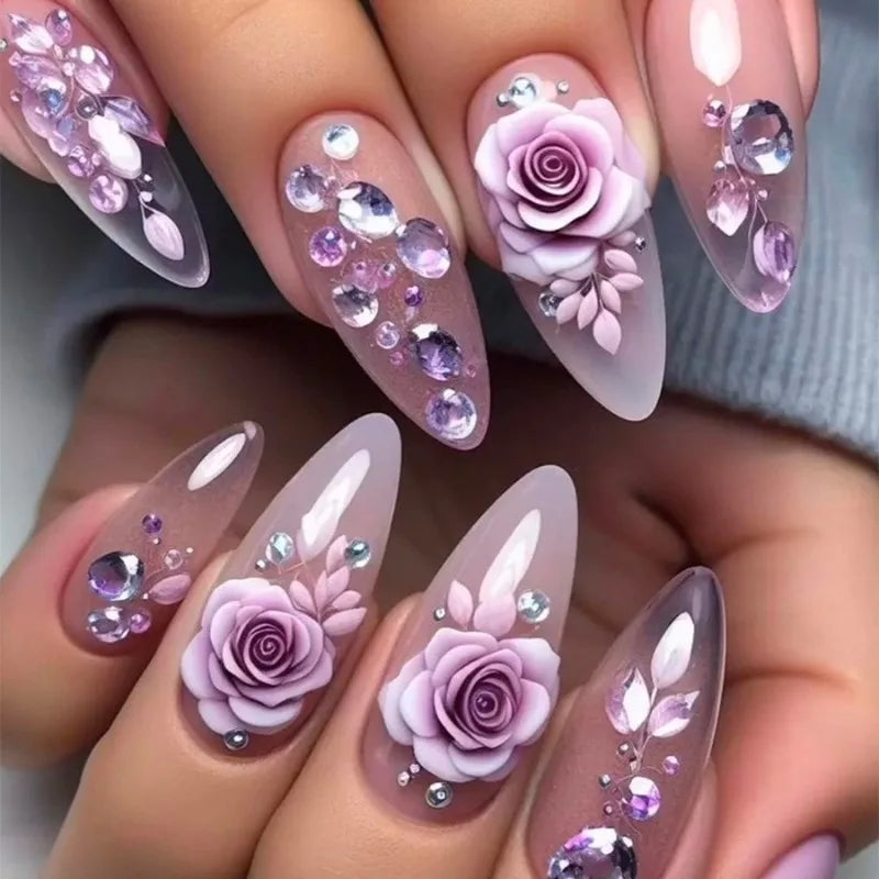 24Pcs Gradual Brown French Press on Nails 3D Mid-length Flowers Full Cover Almond Purple Nails with Colored Drawing Design Nail